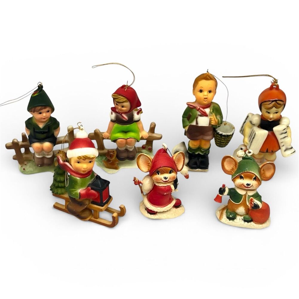 VTG 70s Hong Kong Plastic Christmas Ornament Children Mice Hummel Style Lot of 7